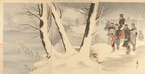 Illustratie van de Invasie van China Waarbij Onze Troepen Fel Vochten in IJs en Sneeuw bij Ha...